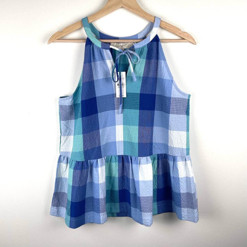 LOFT Tank Top Womens XS Blue Plaid Peplum Sleeveless Blouse Halter Tie Front NWT